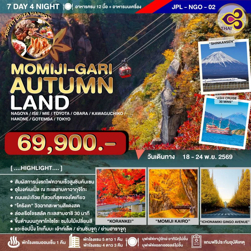 ทัวร์ญี่ปุ่น นาโกย่า โตเกียว สัมผัสการนั่งรถไฟชินคันเซ็น เที่ยวเทศกาลประดับไฟฤดูหนาว ชมใบไม้เปลี่ยนสี สวนฟุเรไอ หุบเขาโครังเค ถนนอิโจนามิกิ ชมอุโมงค์เมเปิ้ลแดง ณ ทะเลสาบคาวากุจิโกะ 7 วัน 4 คืน (พักออนเซ็น 1 คืน) บินการบินไทย (TG)