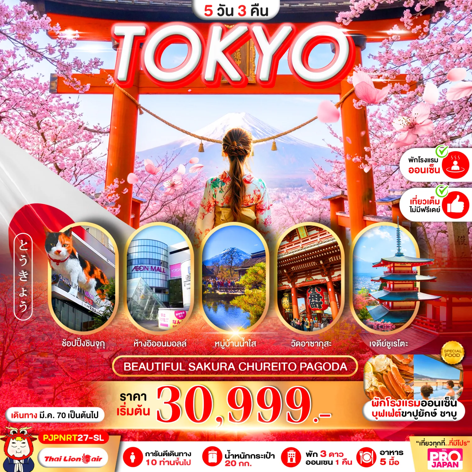 ทัวร์ญี่ปุ่น โตเกียว 2570 ชมความงามของดอกซากุระ เจดีย์ชูเรโตะ หมู่บ้านน้ำใสโอชิโนะฮักไก วัดอาซากุสะ ถ่ายรูปกับโคมแดง ช้อปปิ้งชินจูกุ 5 วัน 3 คืน เที่ยวเต็มไม่มีฟรีเดย์ (พักออนเซ็น 1 คืน)