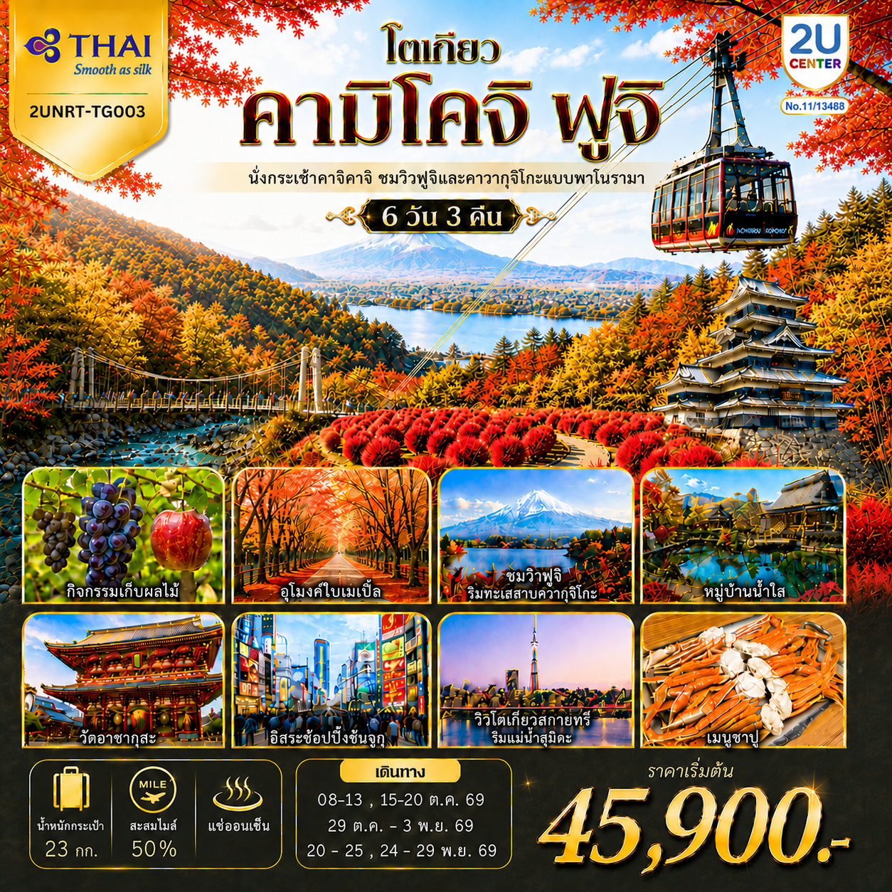 ทัวร์ญี่ปุ่น โตเกียว คามิโคจิ ฟูจิ ใบไม้เปลี่ยนสี นั่งกระเช้าคาจิคาจิ ปราสาทมัตสึโมโตะ อุโมงค์เมเปิ้ล กิจกรรมเก็บผลไม้สดๆจากสวน 6 วัน 3 คืน พิเศษ..บุฟเฟ่ต์ขาปู (พักฟูจิออนเซ็น 1 คืน - ทัวร์ไม่ลงร้าน) โดยการบินไทย(TG)