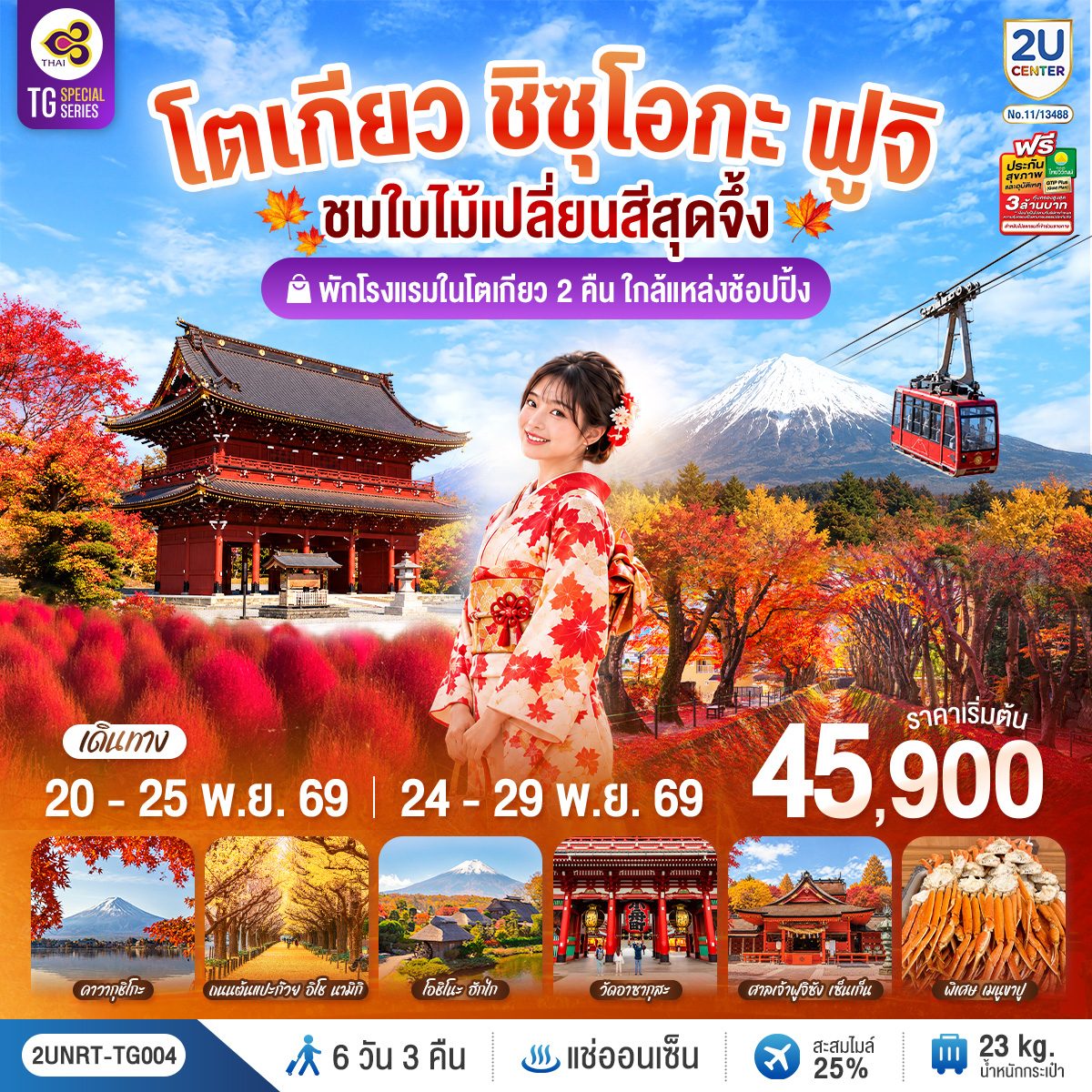 ทัวร์ญี่ปุ่น โตเกียว ชิซุโอกะ ฟูจิ นั่งกระเช้าคาจิคาจิ ชมใบไม้เปลี่ยนสี ทะเลสาบคาวากุชิโกะ อุโมงค์ใบเมเปิ้ล หมู่บ้านน้ำใสโอชิโนะฮักไก ถนนต้นแปะก๊วย วัดอาซากุสะ 6 วัน 3 คืน (เที่ยวอิสระ 1 วัน - พักออนเซ็น 1 คืน) พิเศษ! เมนูขาปู โดยสายการบินไทย
