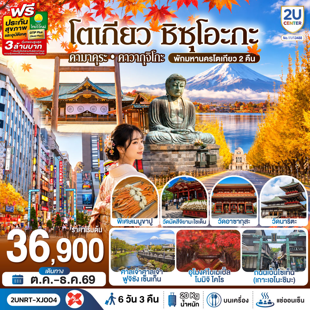 ทัวร์ญี่ปุ่น โตเกียว ชิซุโอะกะ คามาคุระ คาวากุจิโกะ อุโมงค์ใบเมเปิ้ล หลวงพ่อโตไดบุตสิ ถนนต้นแปะก๊วย ฟูจิ 6 วัน 3 คืน (พักออนเซ็น 1 คืน) พิเศษบุฟเฟ่ต์ขาปู