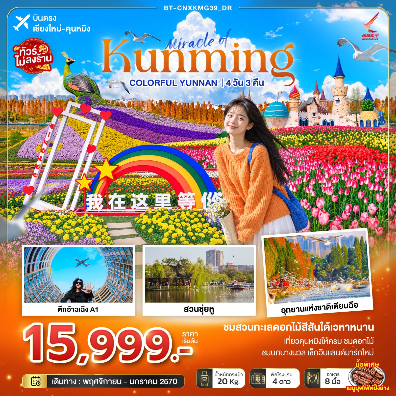 ทัวร์บินตรงเชียงใหม่ คุนหมิง ปีใหม่ 2570 สวนทะเลดอกไม้สีสันใต้เวหาหนาน ทะเลสาบเตียนฉือ สวนชุ่ยหู ตึกอ้าวเฉิง A1 เขื่อนไห่เกิง 4 วัน 3 คืน (ทัวร์ไม่ลงร้าน)