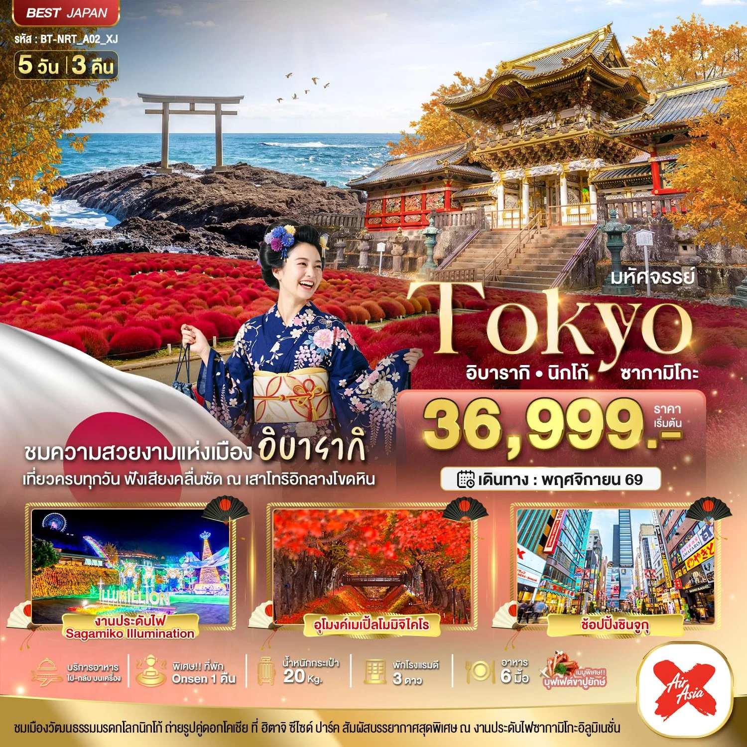 ทัวร์ญี่ปุ่น โตเกียว อิบารากิ นิกโก้ ซากามิโกะ งานประดับไฟ Sagamiko Illumination อุโมงค์เมเปิ้ลโมมิจิไคโร 5 วัน 3 คืน บริการอาหาร ไป-กลับ บนเครื่อง (พิเศษ ที่พัก Onsen 1 คืน)