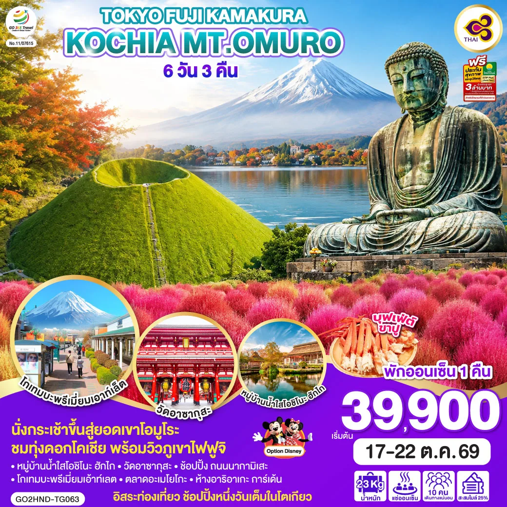 ทัวร์ญี่ปุ่น โตเกียว ภูเขาโอมูโระ หมู่บ้านน้ำใสโอชิโนะฮักไก หลวงพ่อโตไดบุตสิ  วัดอาซากุสะ สวนโออิชิปาร์ค ทะเลสาบคาวากุจิโกะ 6 วัน 3 คืน (พักออนเซ็น 1 คืน - เที่ยวอิสระ 1 วัน) โดยสายการบินไทย