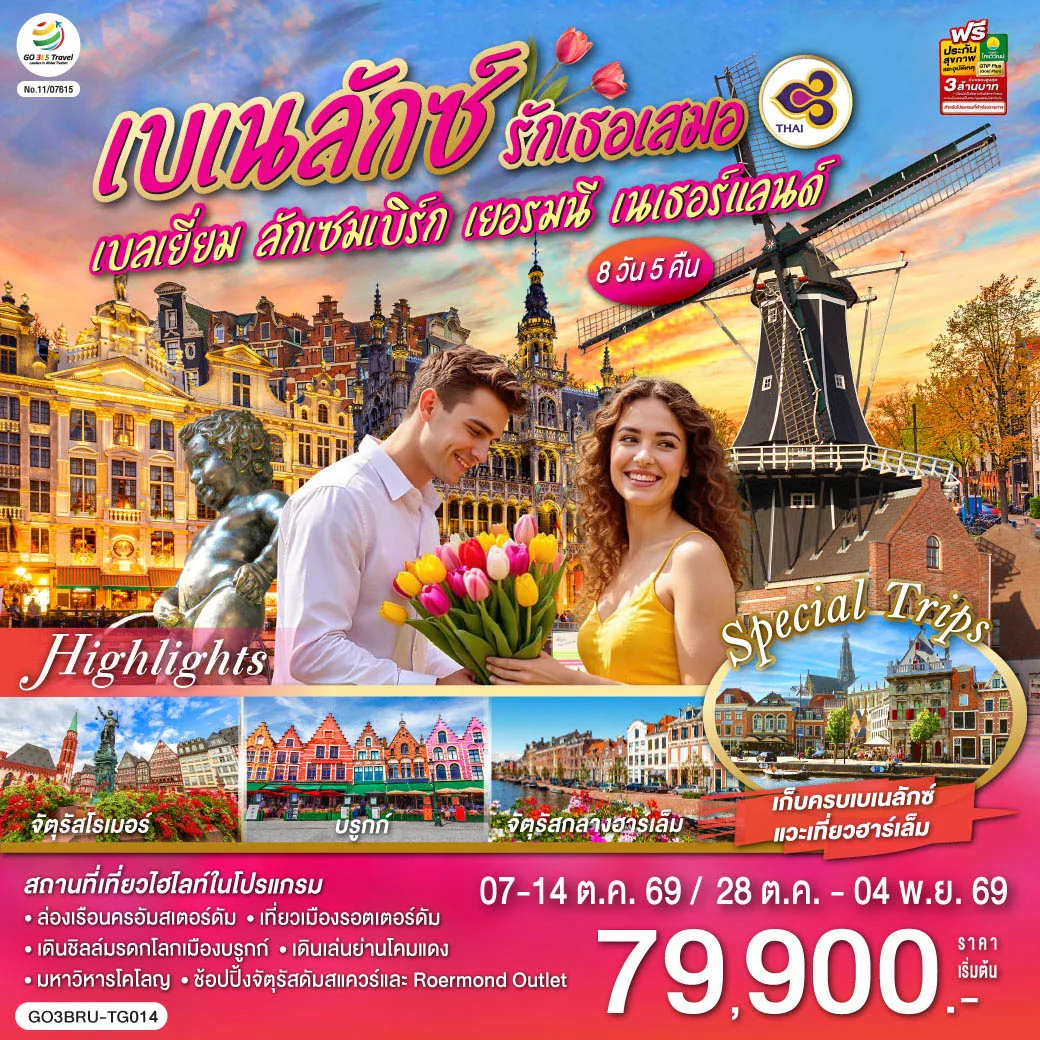 ทัวร์ยุโรป เบเนลักซ์ เบลเยี่ยม ลักเซมเบิร์ก เยอรมนี เนเธอร์แลนด์ จัตุรัสโรเมอร์ บรูกก์ จัตุรัสกลางฮาร์เล็ม 8 วัน 5 คืน โดยสายการบินไทย (TG)