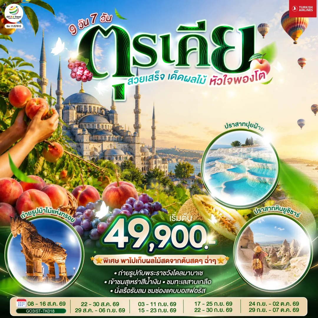 ทัวร์ตุรเคีย สุเหร่าสีน้ำเงิน ปราสาทปุยฝ้าย เก็บผลไม้ในสวน หุบเขานกพิราบ ล่องเรือเฟอร์รี่ช่องแคบบอสฟอรัส 9 วัน 7 คืน  โดยสายการบินเตอร์กิช Turkish Airlines (TK)