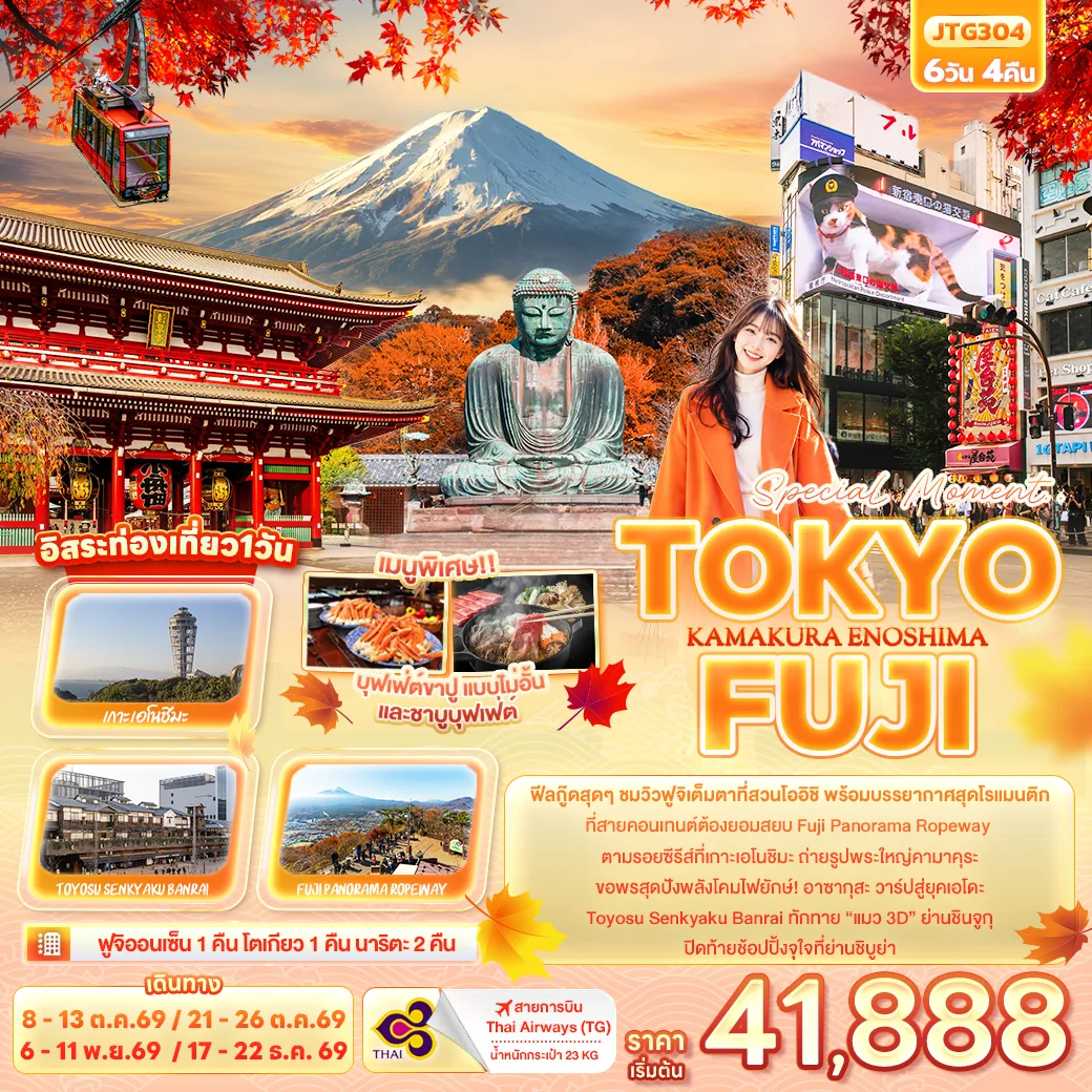 ทัวร์ญี่ปุ่น โตเกียว ฟูจิ สวนโออิชิ พระใหญ่คามาคุระ อาซากุสะ ตลาดปลาโทโยสุ แมว 3D 6 วัน 4 คืน (ฟูจิออนเซ็น 1 คืน) อิสระท่องเที่ยวหนึ่งวันเต็ม สายการบิน Thai Airways (TG) 