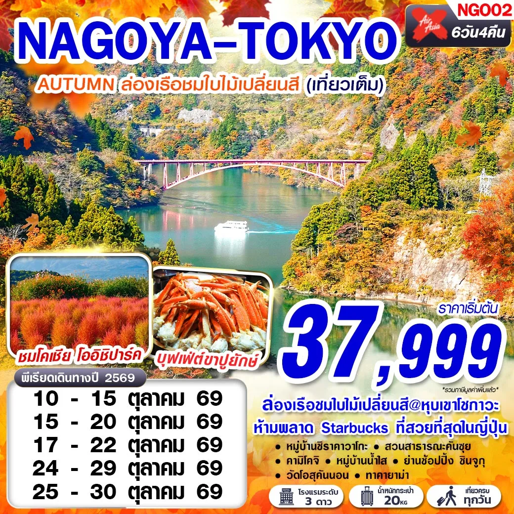 ทัวร์ญี่ปุ่น นาโกย่า โตเกียว ล่องเรือชมใบไม้เปลี่ยนสี หุบเขาโชกาวะ หมู่บ้านชิราคาวาโกะ ทุ่งดอกโคเชีย สวนโออิชิ คามิโคจิ 6 วัน 4 คืน (เที่ยวครบทุกวัน)