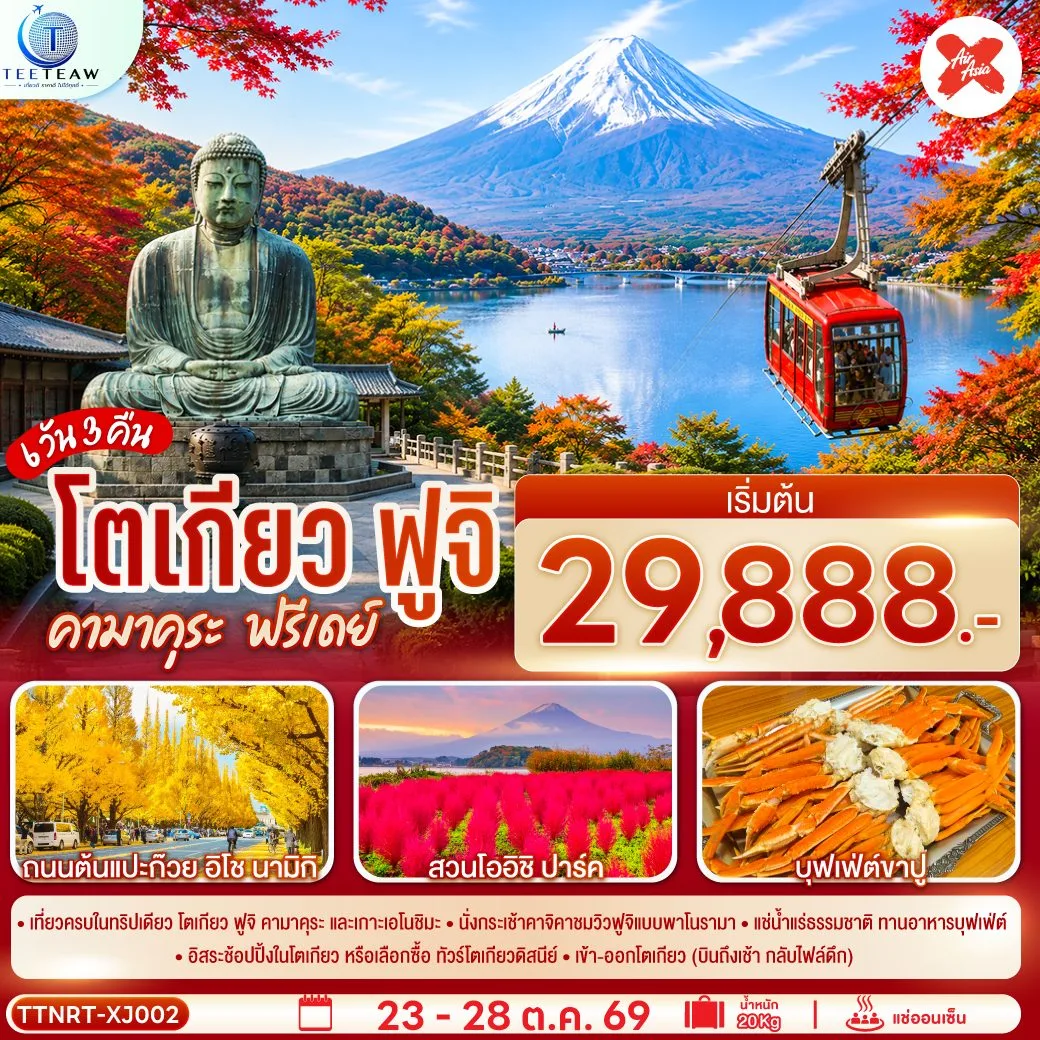 ทัวร์ญี่ปุ่น โตเกียว นั่งกระเช้าชมวิวฟูจิ พระใหญ่คามาคุระ เกาะเอโนชิมะ ทะเลสาบคาวากุจิโกะ อุโมงค์ใบเมเปิ้ล สวนโออิชิปาร์ค ถนนต้นแปะก๊วย อิโช นามิกิ พิเศษ! บุฟเฟ่ต์ขาปู 6 วัน 3 คืน พักออนเซ็น 1 คืน  (ทัวร์ไม่ลงร้าน - เที่ยวอิสระ 1 วัน)
