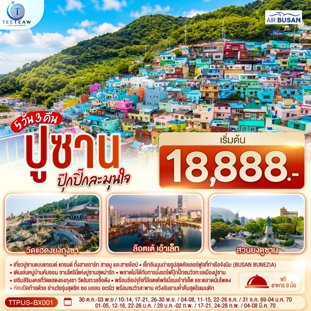 ทัวร์เกาหลี ปูซาน ท่าเรือจังนิม หมู่บ้านวัฒนธรรมคัมชอน สวนยงดูซาน วัดแฮดงยงกุงซา นั่งรถไฟสกายแคปซูล ช้อปปิ้งล็อตเต้เอาท์เล็ต 5 วัน 3 คืน