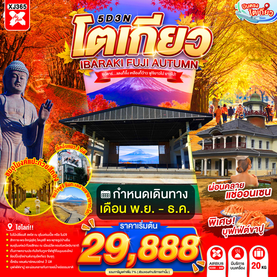 ทัวร์ญี่ปุ่น บินตรงโตเกียว ช่วงที่สวยที่สุด ใบไม้เปลี่ยนสี พระใหญ่อุชิคุ ไดบุสสึ คาวาโกเอะ ชมอุโมงค์แปะก๊วยสีทอง ชมแมวยักษ์ 3 มิติ ช้อปปิ้งจุใจย่านชินจุกุ 5 วัน 3 คืน (พักออนเซ็น 1 คืน)
