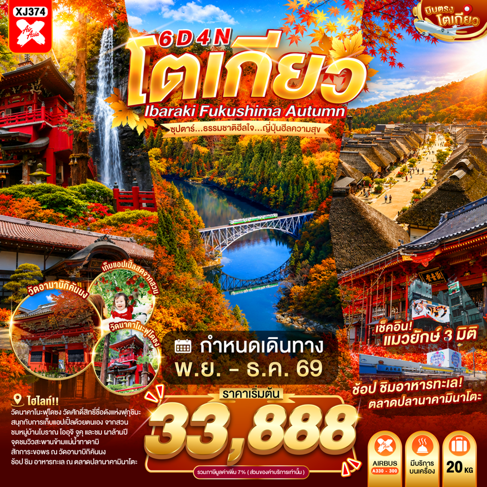 ทัวร์ญี่ปุ่น บินตรงโตเกียว ใบไม้เปลี่ยนสี วัดนาคาโนะฟุโดซง สะพานข้ามแม่น้ำทาดามิ หมู่บ้านโออุจิจูคุ แมวยักษ์ 3 มิติ  6 วัน 4 คืน