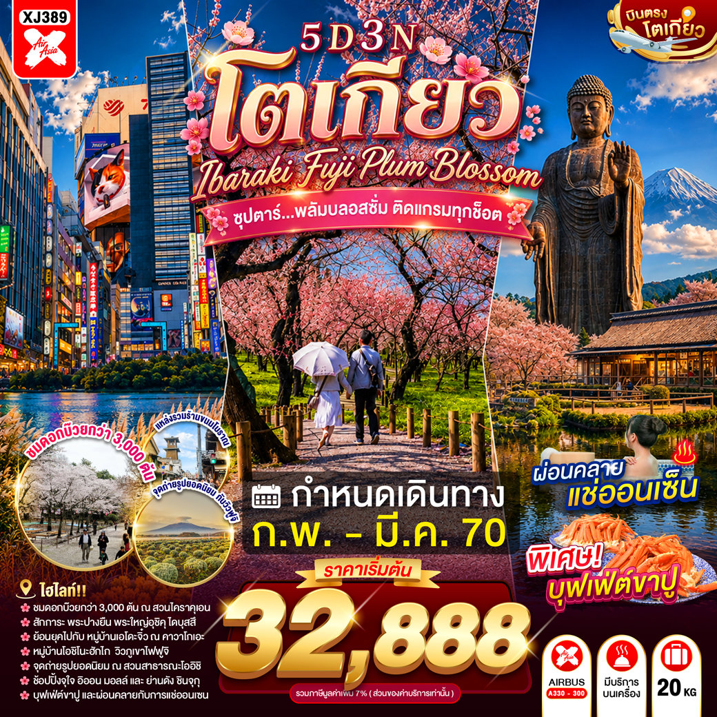 ทัวร์ญี่ปุ่น โตเกียว 2570 พระใหญ่อุชิคุไดบุสสึ สวนไคราคุเอน หมู่บ้านโอชิโนะฮัคไค สวนสาธารณะโออิชิ แมวยักษ์ 3 มิติ 5 วัน 3 คืน พักออนเซ็น 1 คืน พิเศษ! บุฟเฟต์ขาปู