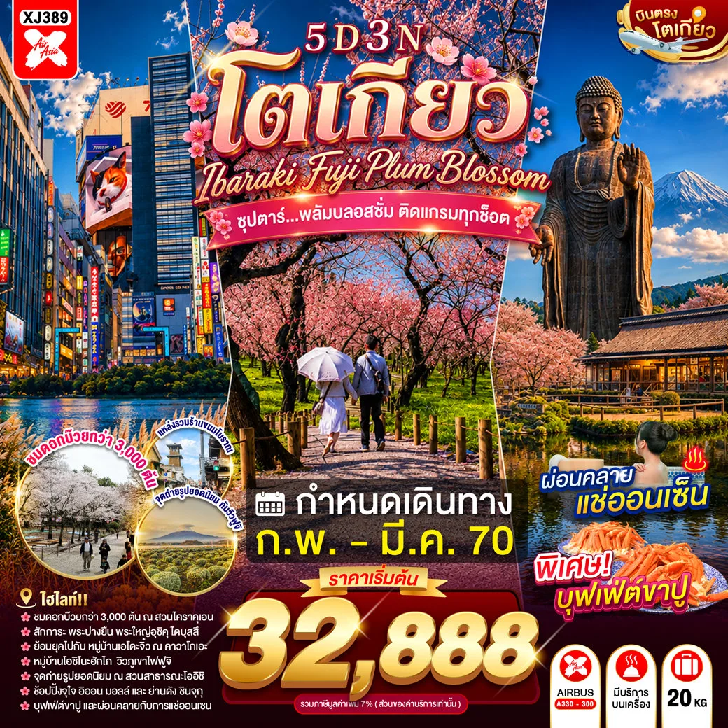 ทัวร์ญี่ปุ่น โตเกียว 2570 พระใหญ่อุชิคุไดบุสสึ สวนไคราคุเอน หมู่บ้านโอชิโนะฮัคไค สวนสาธารณะโออิชิ แมวยักษ์ 3 มิติ 5 วัน 3 คืน พักออนเซ็น 1 คืน พิเศษ! บุฟเฟต์ขาปู