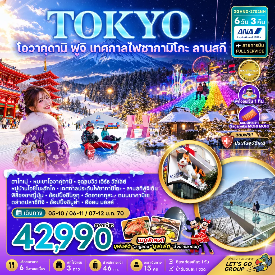 ทัวร์ญี่ปุ่น โตเกียว หุบเขาโอวาคุดานิ ฟูจิ เทศกาลประดับไฟซากามิโกะ ลานสกีฟูจิเท็น หมู่บ้านโอชิโนะฮัคไค วัดอาซากุสะ ช้อปปิ้งชินจูกุ 6 วัน 3 คืน (พักออนเซ็น 1 คืน - เที่ยวอิสระ 1 วัน) 