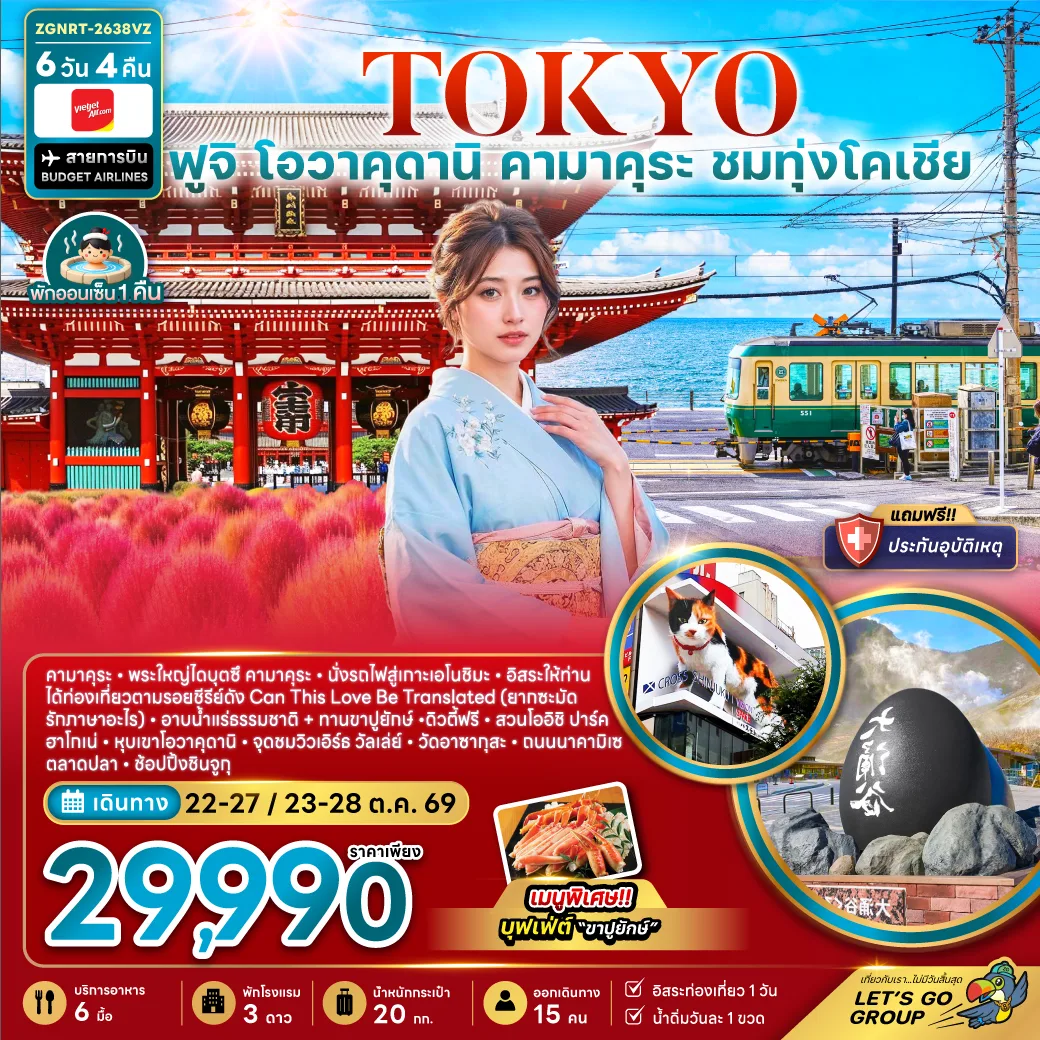 ทัวร์ญี่ปุ่น โตเกียว ฟูจิ นั่งรถไฟสู่เกาะเอโนชิมะ หุบเขาโอวาคุดานิ พระใหญ่คามาคุระ วัดอาซากุสะ ช้อปปิ้งชินจูกุ 6 วัน 4 คืน (พักออนเซ็น 1 คืน - เที่ยวอิสระ 1 วัน)