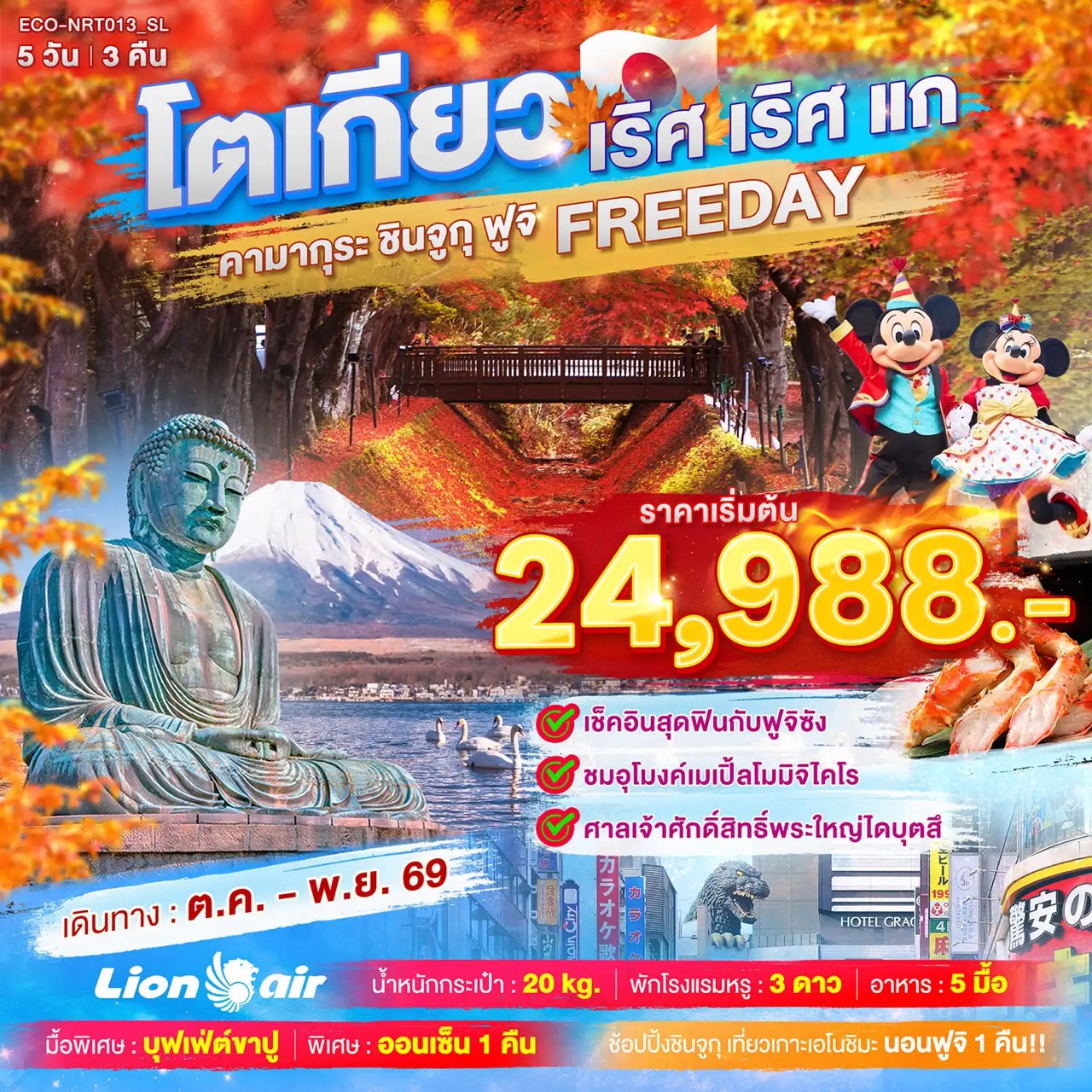 ทัวร์ญี่ปุ่น โตเกียว พระใหญ่ไดบุตสึวัดโคโตคุอิน ทะเลสาบยามานากะโกะ อุโมงเมเปิ้ลโมมิจิไคโร ช้อปปิ้งชินจูกุ 5 วัน 3 คืน (อิสระช้อปปิ้งและท่องเที่ยว 1 วัน นอนฟูจิ 1 คืน พักออนเซ็น 1 คืน)