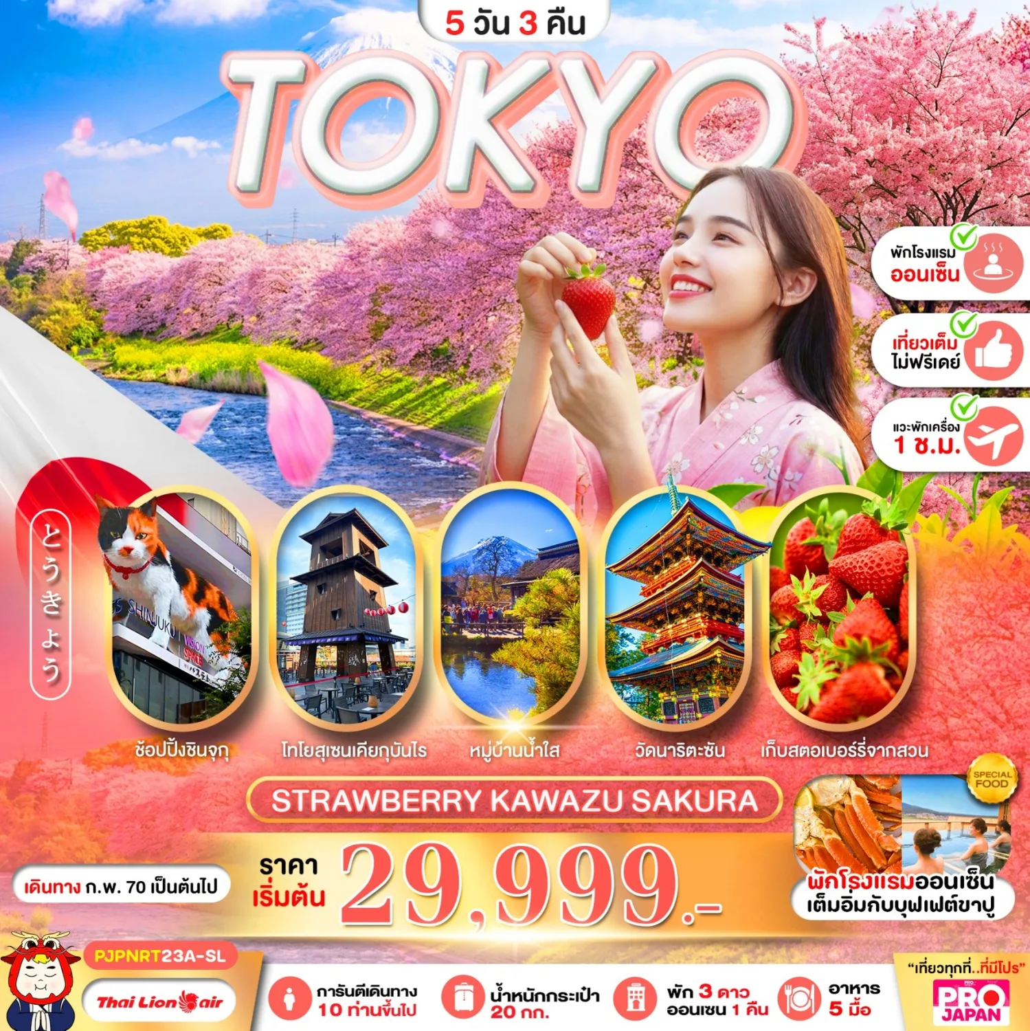 ทัวร์ญี่ปุ่น โตเกียว 2570 ชมเทศกาลซากุระ เก็บสตรอว์เบอร์รี่ หมู่บ้านน้ำใสโอชิโนะฮักไก ช้อปปิ้งย่านชินจุกุ 5 วัน 3 คืน เที่ยวเต็ม ไม่มีฟรีเดย์ (พักออนเซ็น 1 คืน)