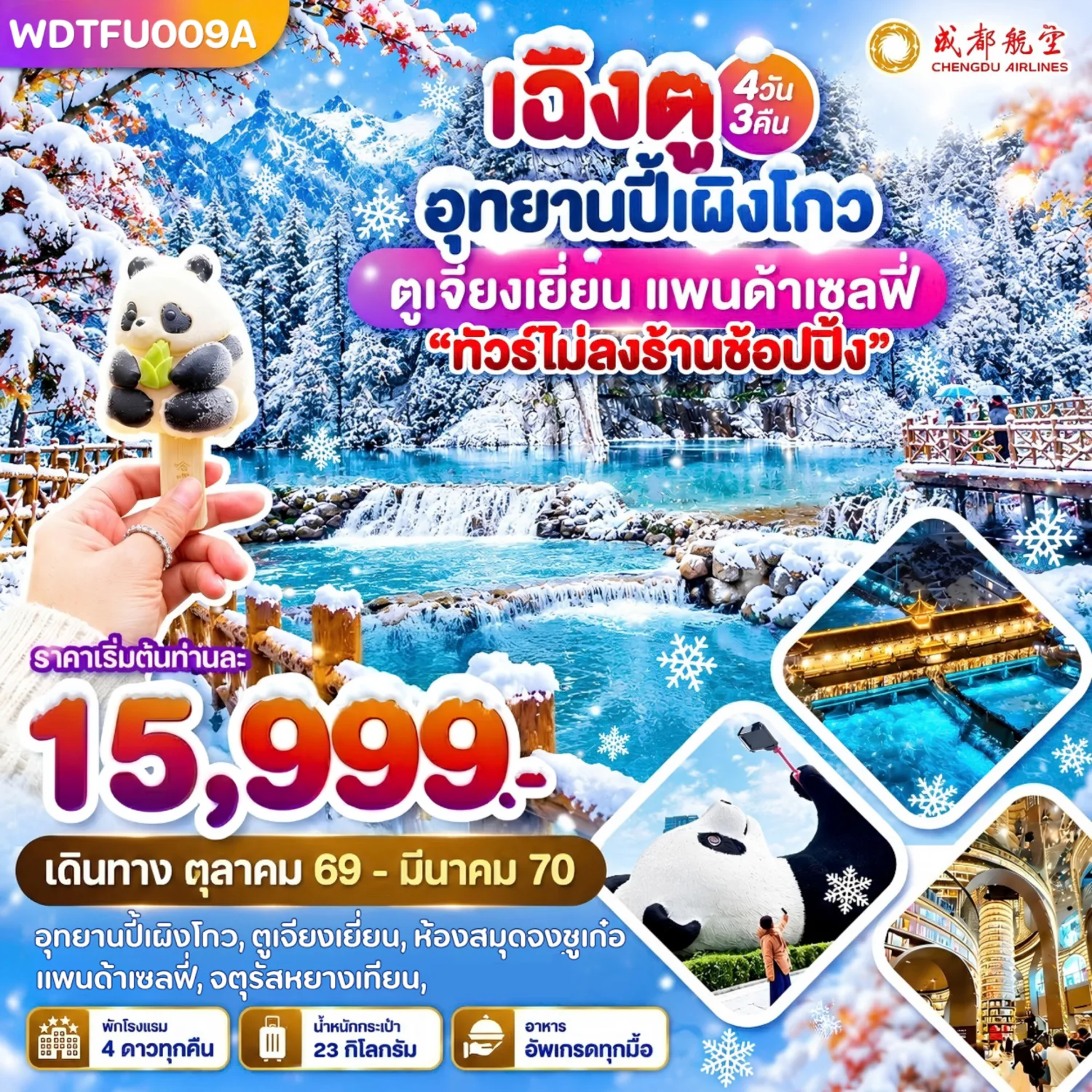 ทัวร์เฉิงตู อุทยานปี้เผิงโกว ตูเจียงเยี่ยน แพนด้าเซลฟี่ สะพานหนานเฉียว การแสดงแสงน้ำตาสีฟ้า โชว์น้ำพุไม้ไผ่ 4 วัน 3 คืน (ทัวร์ไม่ลงร้านช้อป)