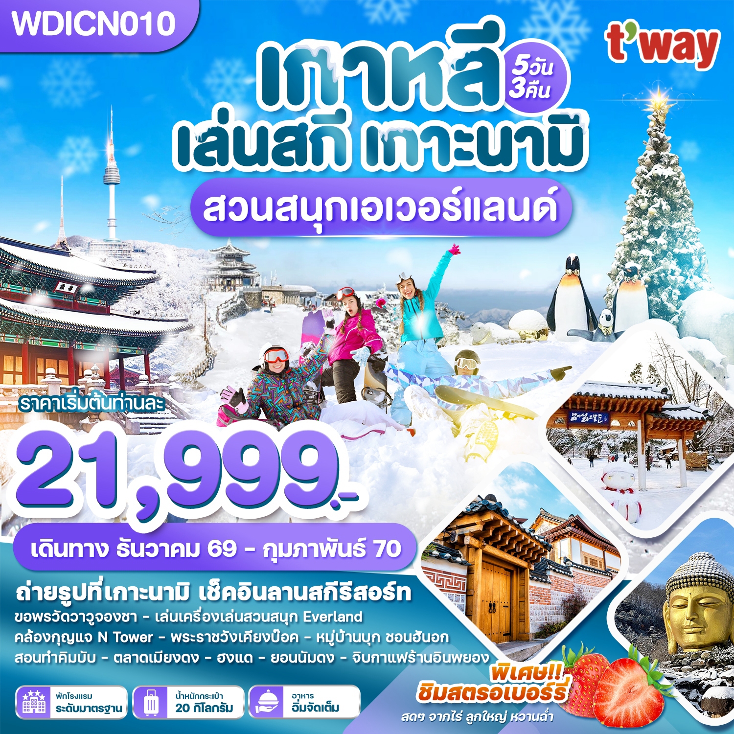 ทัวร์เกาหลี ปีใหม่ 2570 เล่นสกี เกาะนามิ สวนสนุกเอเวอร์แลนด์ คล้องกุญแจ N Tower พระราชวังเคียงบ๊อค ชอนฮันอก 5 วัน 3 คืน พิเศษ!! ชิมสตรอเบอร์รี่ สดๆจากไร่