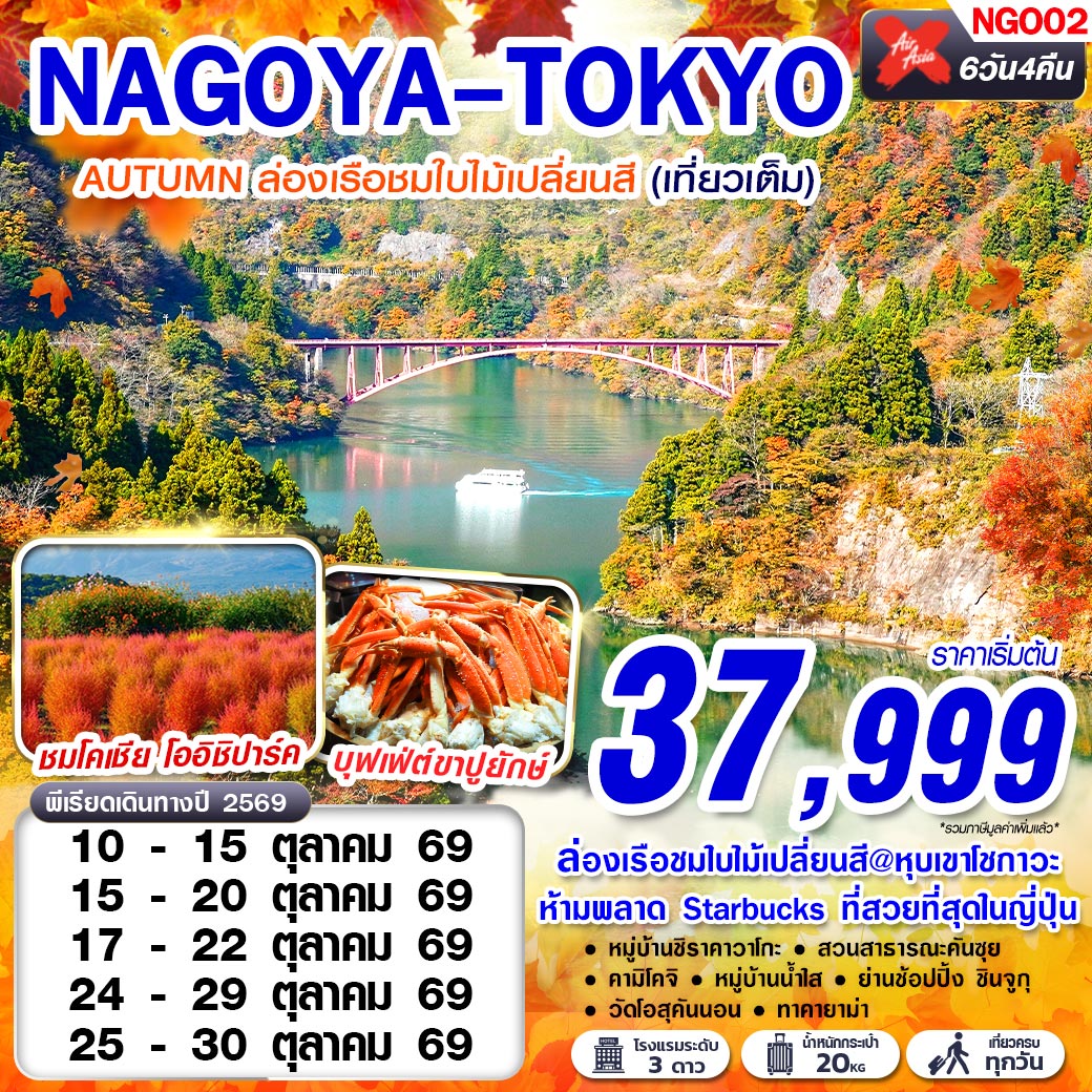 ทัวร์ญี่ปุ่น นาโกย่า โตเกียว ล่องเรือชมใบไม้เปลี่ยนสี หุบเขาโชกาวะ หมู่บ้านชิราคาวาโกะ ทุ่งดอกโคเชีย สวนโออิชิ คามิโคจิ 6 วัน 4 คืน (เที่ยวครบทุกวัน)